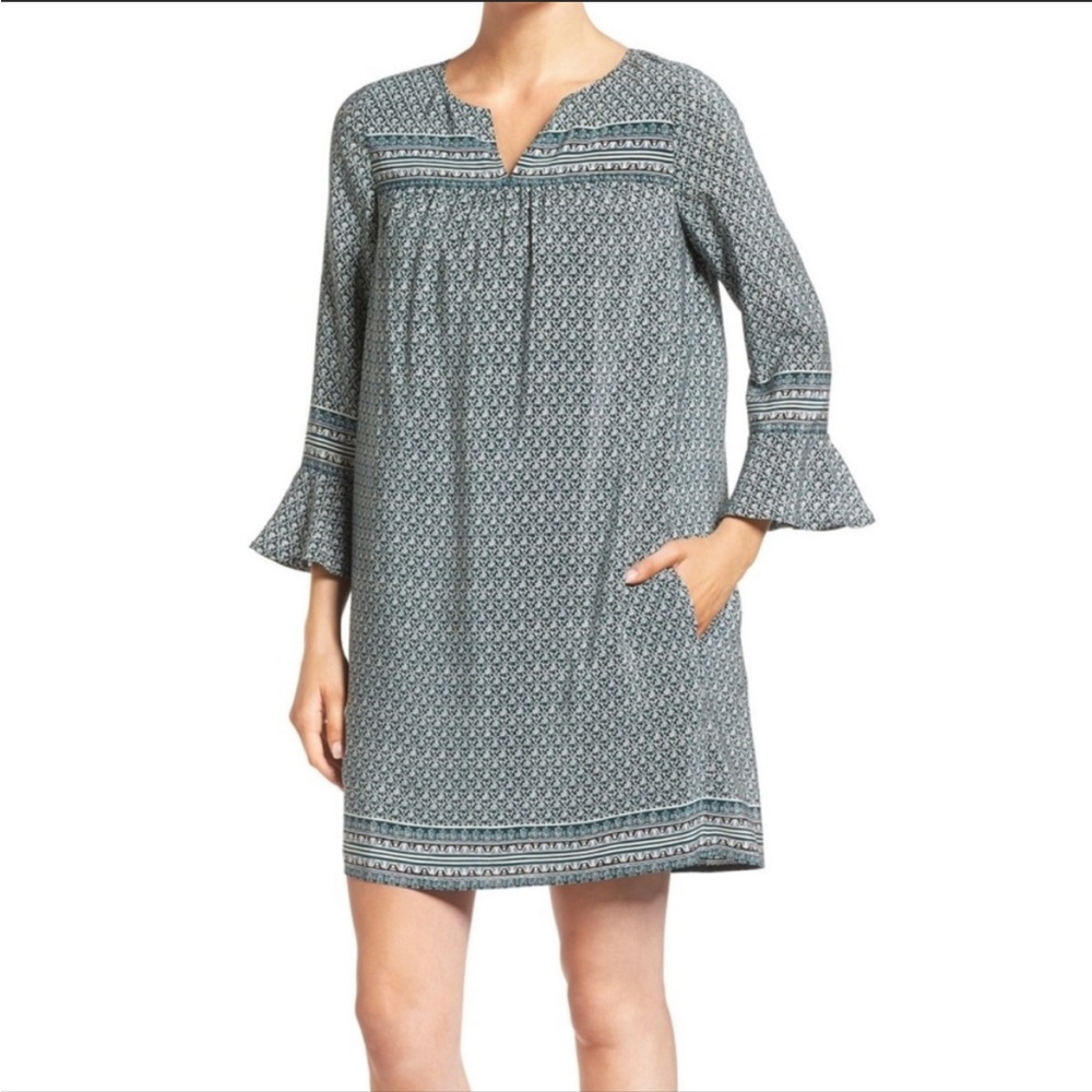 Madewell Starland Mini Bell Sleeve Boho Printed 100% Silk dress